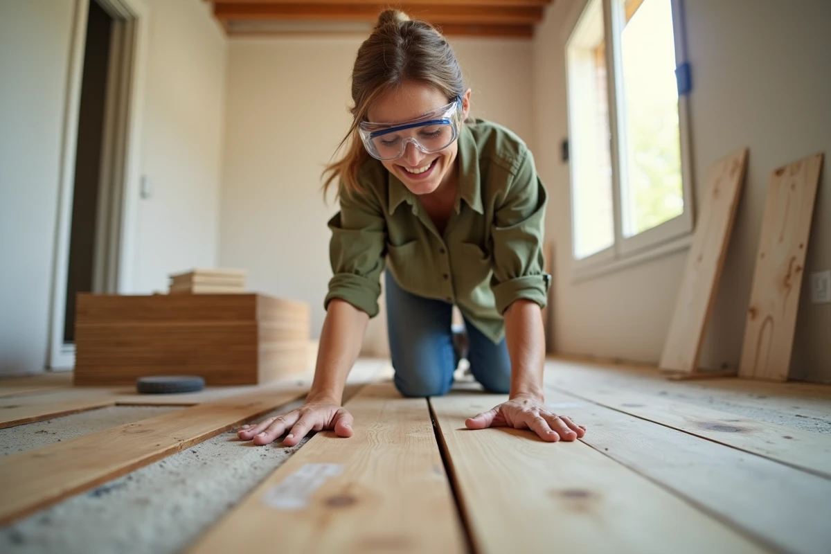Femme posant un parquet en bois lors de travaux de rénovation intérieure DIY