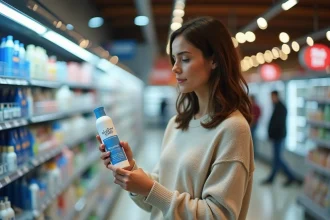 Femme examinant un produit Elsay dans le rayon soins capillaires d'un hypermarché E.Leclerc