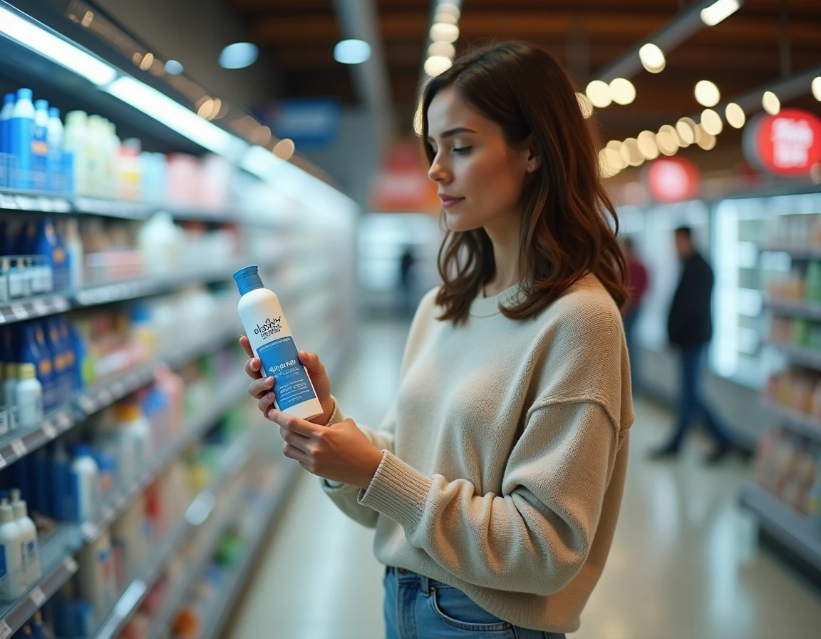 Femme examinant un produit Elsay dans le rayon soins capillaires d'un hypermarché E.Leclerc