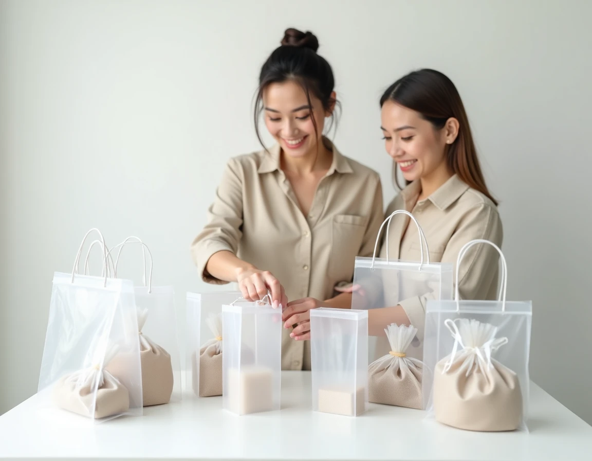 Femme professionnelle organisant des sacs cadeaux transparents de différentes tailles sur une table blanche dans un espace de travail minimaliste