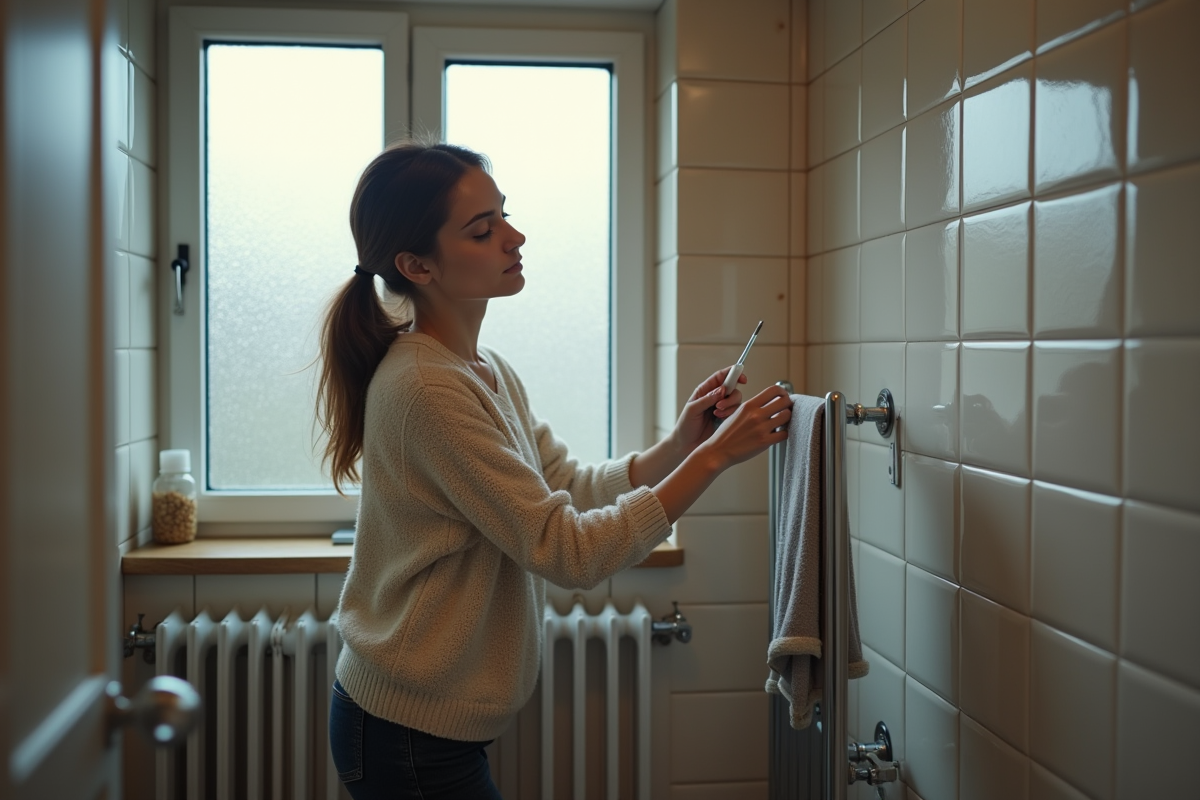 Jeune femme purgant un radiateur dans une salle de bain