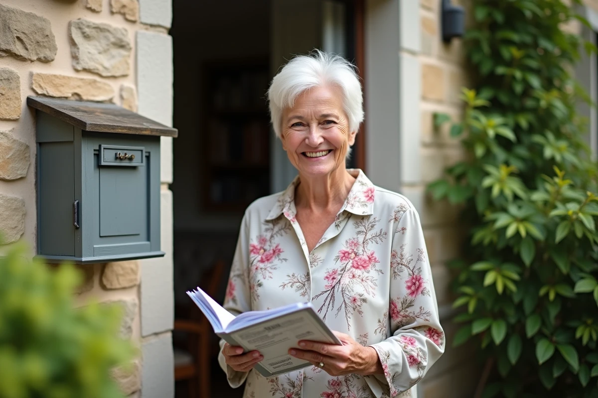 Femme retirant son catalogue Blancheporte gratuit de sa boîte aux lettres