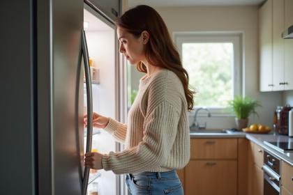 Femme inspectant un frigo moderne dans une cuisine lumineuse