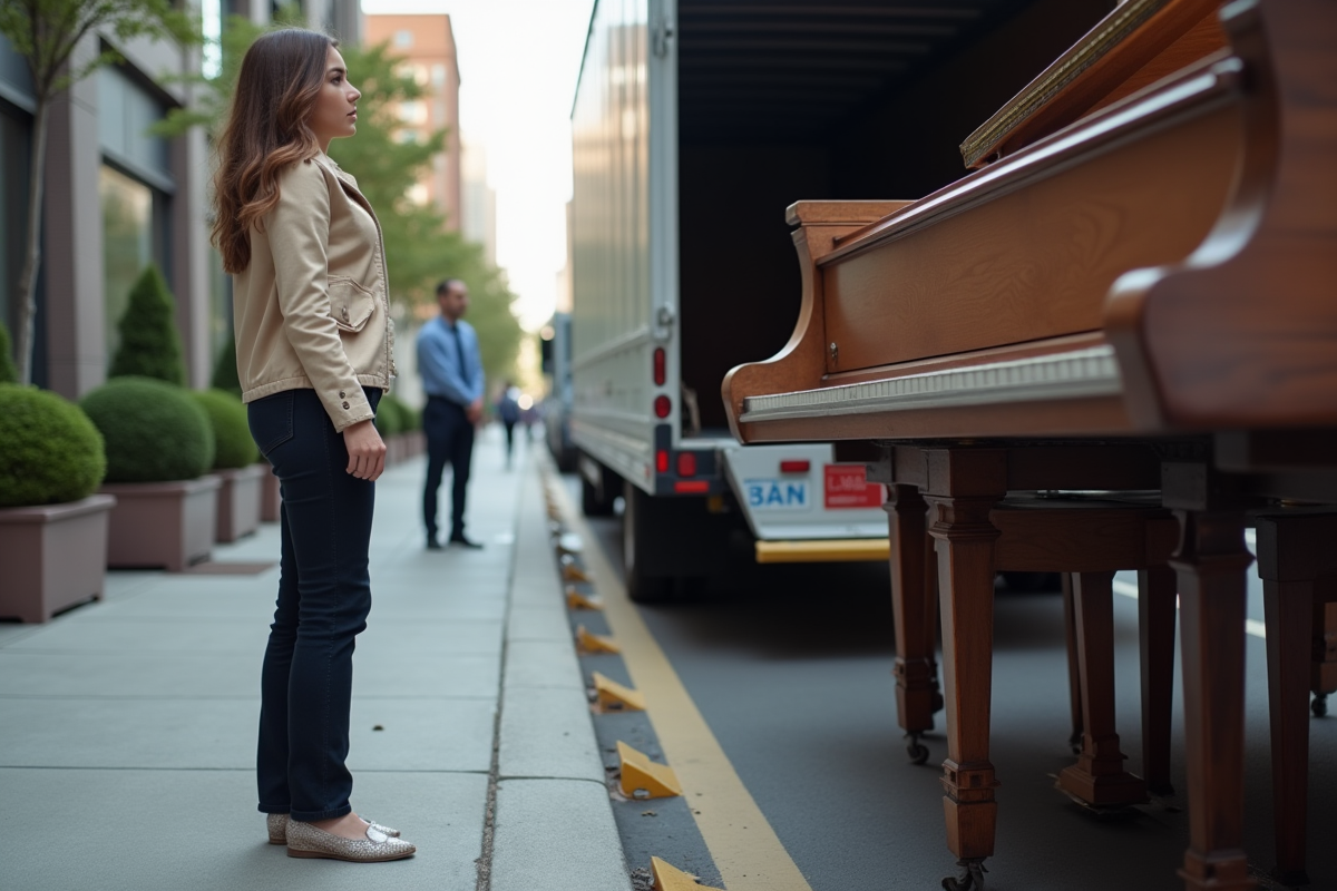 Jeune femme inquiète observant le transport d’un piano dans la rue urbaine