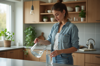 Femme versant de l'eau filtrée dans une tasse dans une cuisine moderne