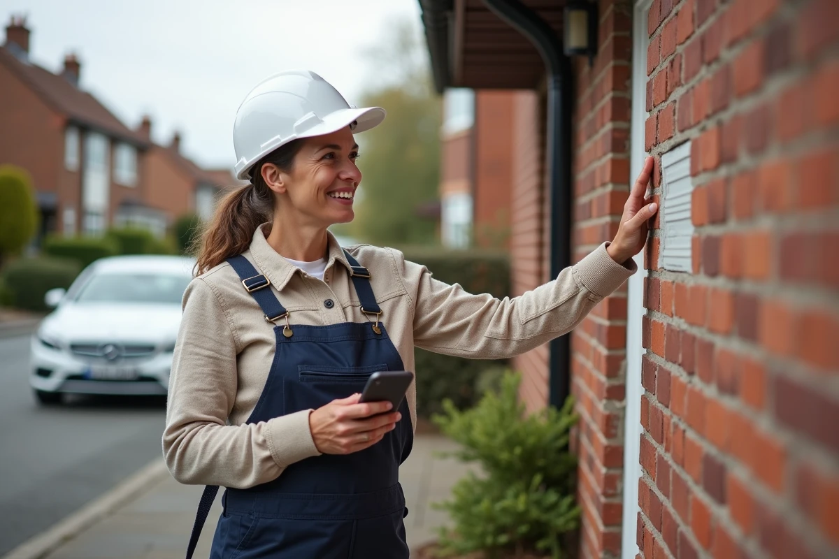 Femme parle au téléphone devant sa maison en travaux