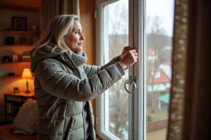 Femme à la fenêtre tirant un rideau thermique d'hiver
