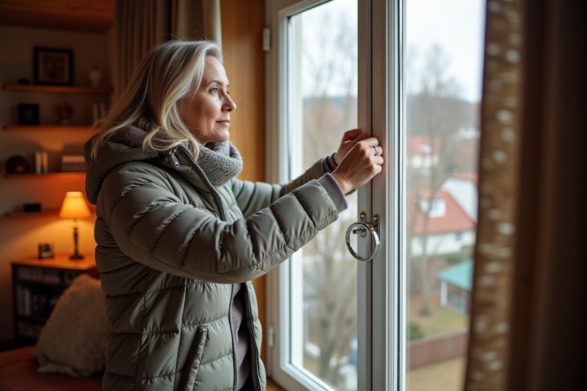 Femme à la fenêtre tirant un rideau thermique d'hiver