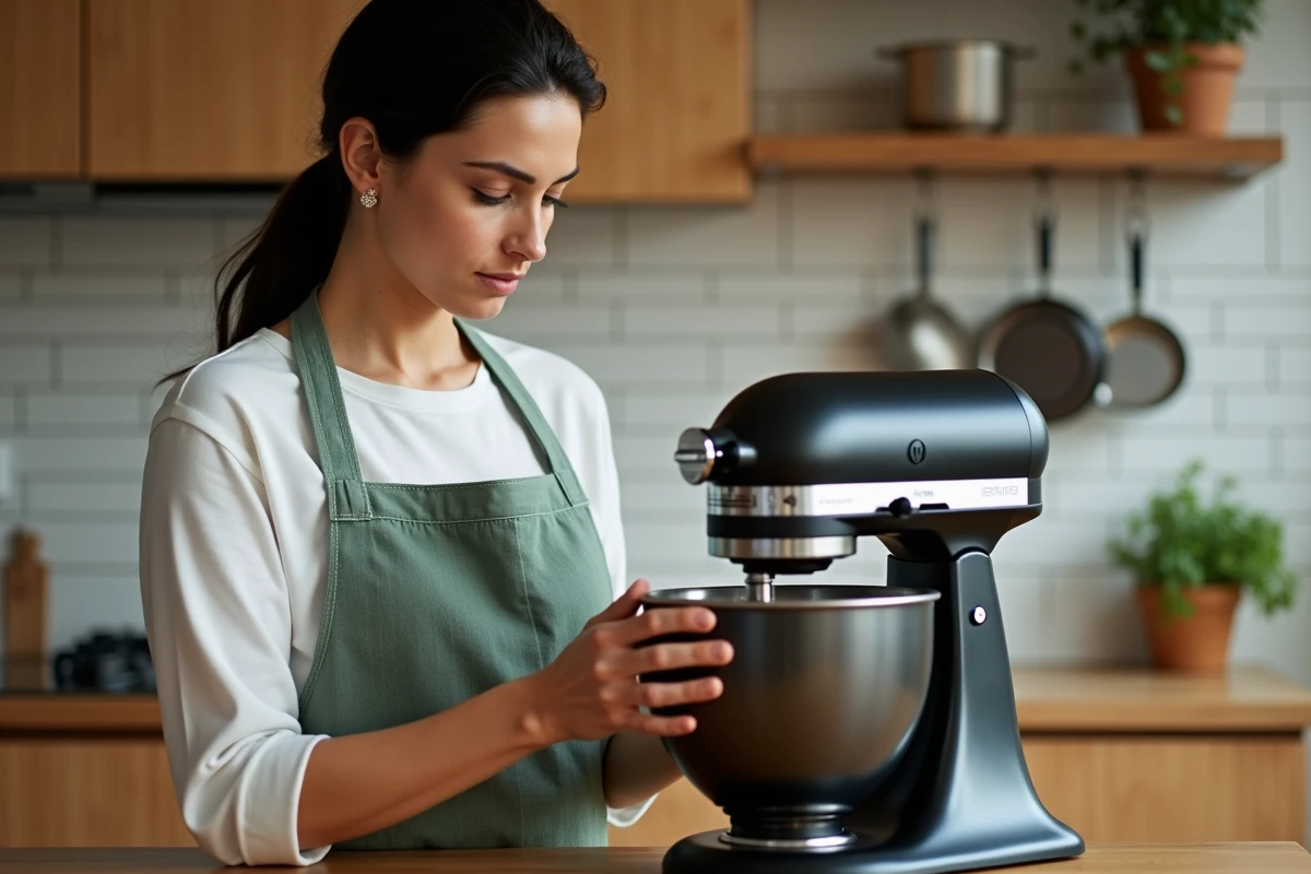 Femme utilisant un robot pâtissier de marque W dans une cuisine équipée aux tons chauds