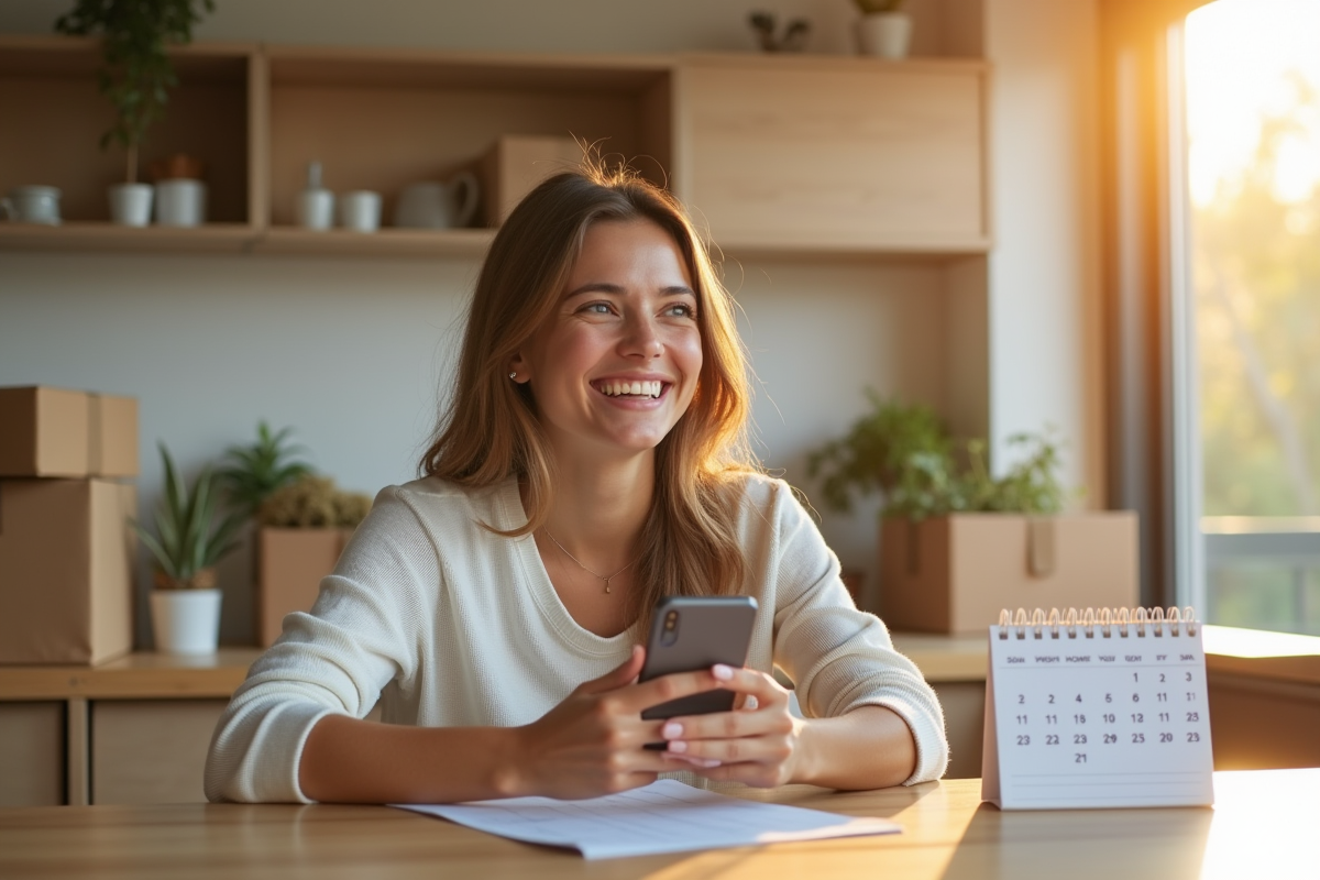 Jeune femme souriante avec smartphone et cartons en fond