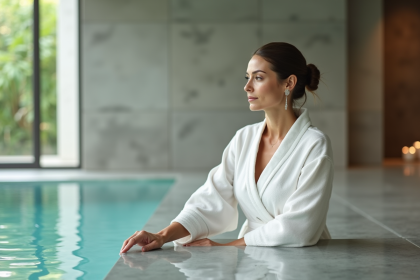 Femme en peignoir blanc dans un spa intérieur relaxant
