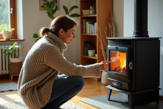 Femme en pull en laine ajuste un poêle à pellets moderne