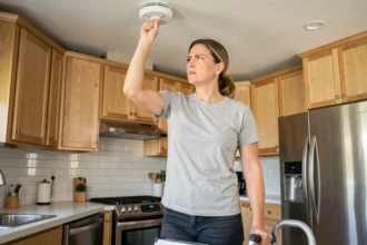 Femme appuyant sur le bouton test d'un détecteur de fumée dans une cuisine moderne