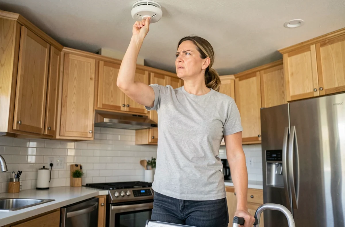 Femme appuyant sur le bouton test d'un détecteur de fumée dans une cuisine moderne