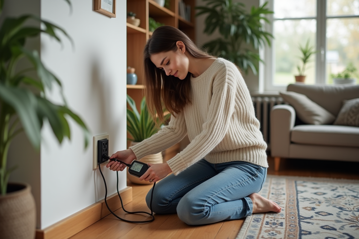 Jeune femme testant une prise électrique dans le salon
