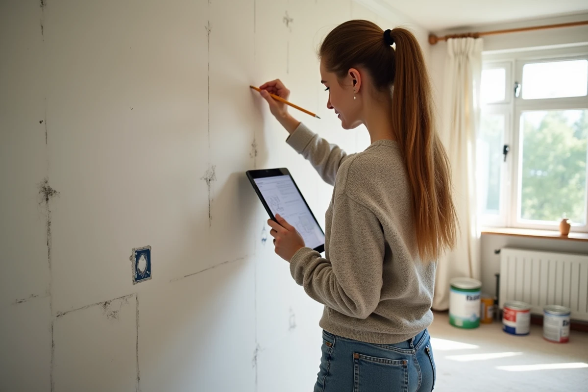 Femme marquant un mur avec un crayon lors de travaux