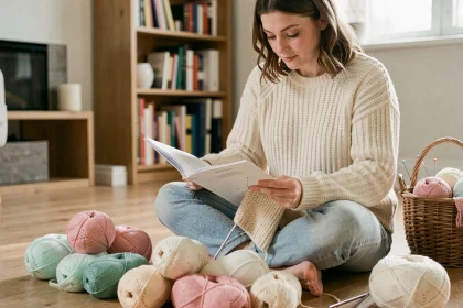 Jeune femme tricotant avec de la laine bebecolor pastel pour nouveau-né, entourée de pelotes colorées sur un parquet en bois