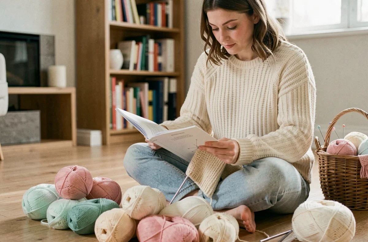 Jeune femme tricotant avec de la laine bebecolor pastel pour nouveau-né, entourée de pelotes colorées sur un parquet en bois