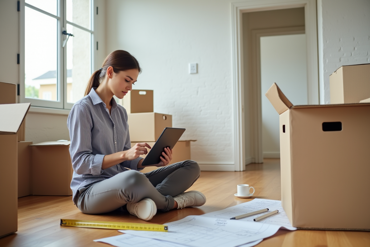 Jeune femme utilisant une tablette dans un appartement en transition