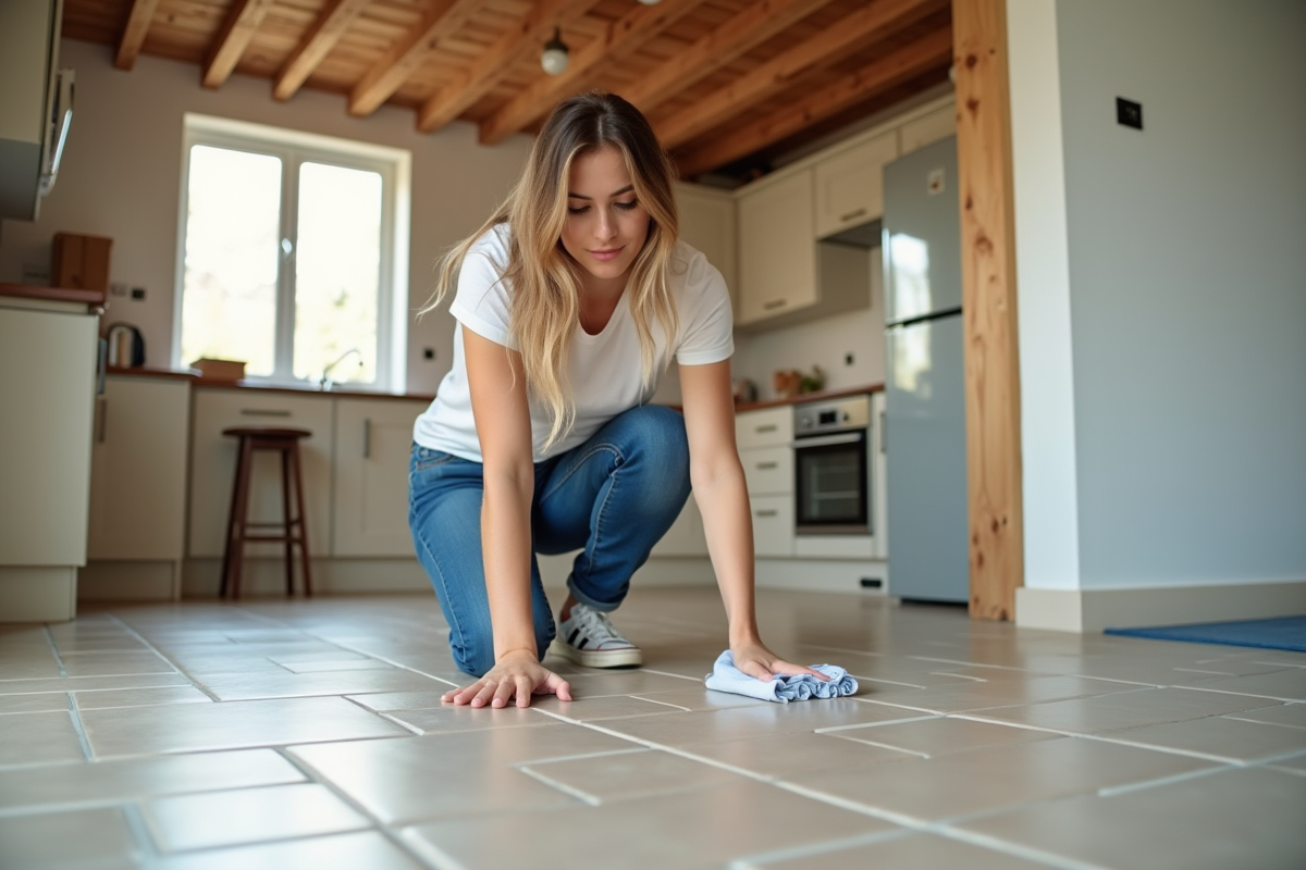 Jeune femme inspectant un sol carrelé dans une cuisine