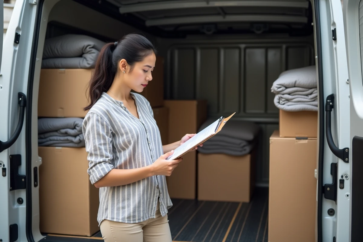Femme vérifiant une liste de contrôle à l'intérieur d'un taxi meublé rempli d'affaires pour un déménagement