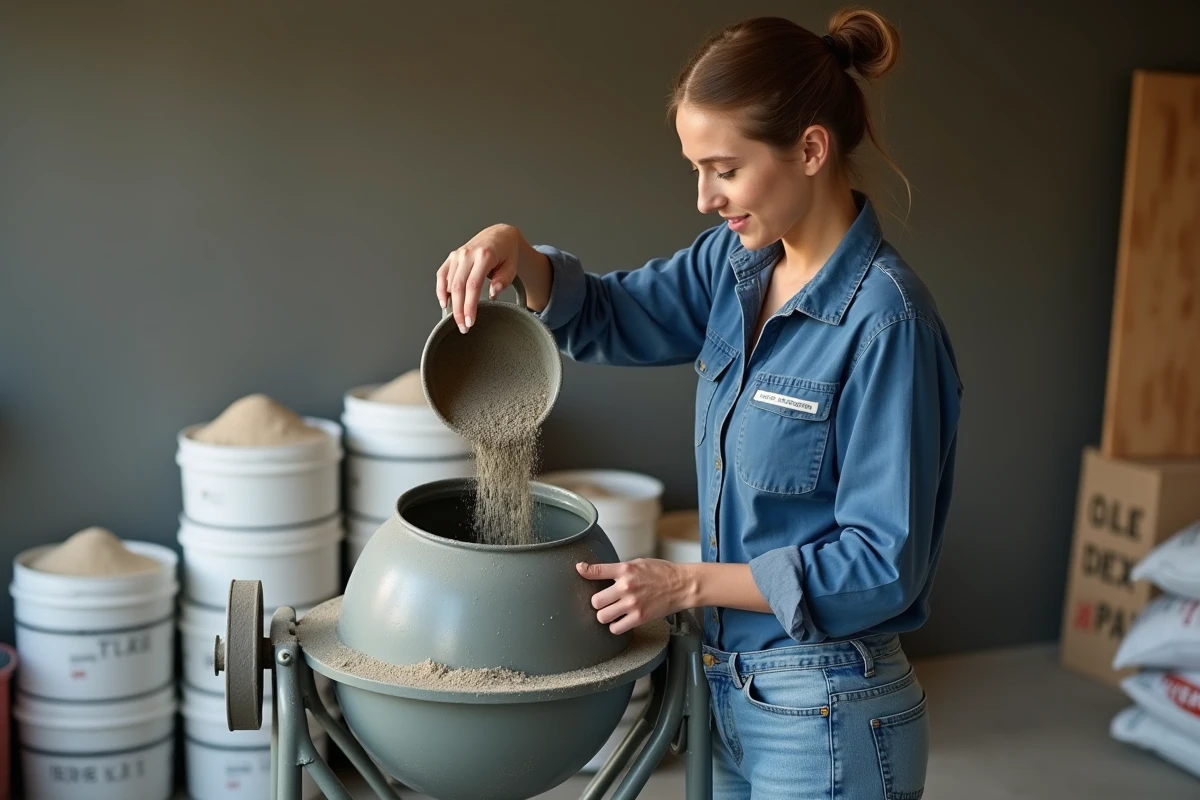 Jeune femme versant du ciment dans un m&eacute;langeur &agrave; l