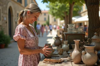 Femme examinant un vase en céramique vintage en Provence