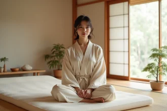 Jeune femme zen sur matelas latex japonais