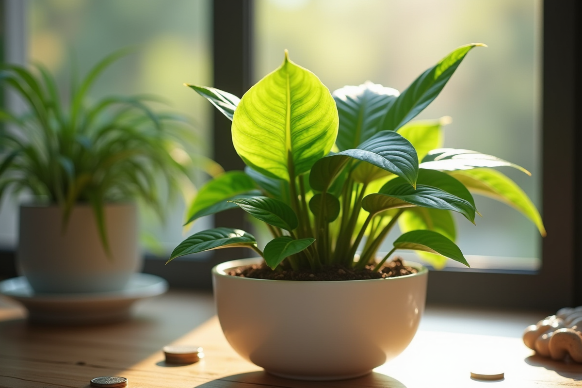 Gros plan sur feuille de pilea peperomioides en pot blanc