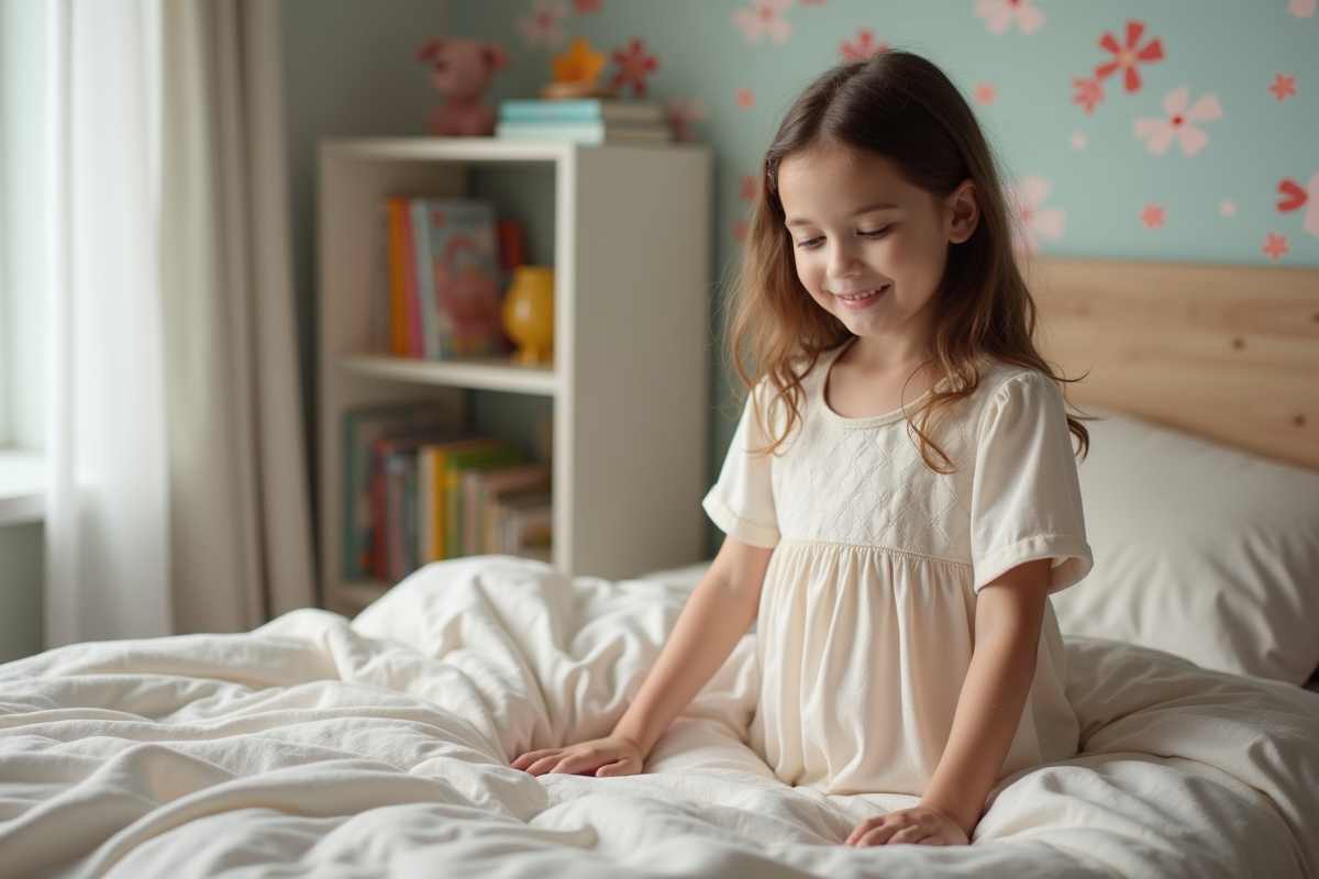 Fille en chemise de nuit arrangeant sa couverture