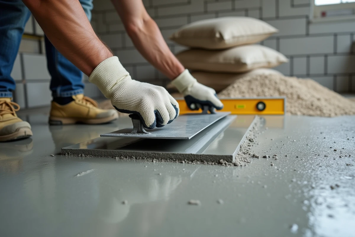 Finition manuelle d'une dalle béton au flotteur acier pour obtenir une surface lisse à moindre coût