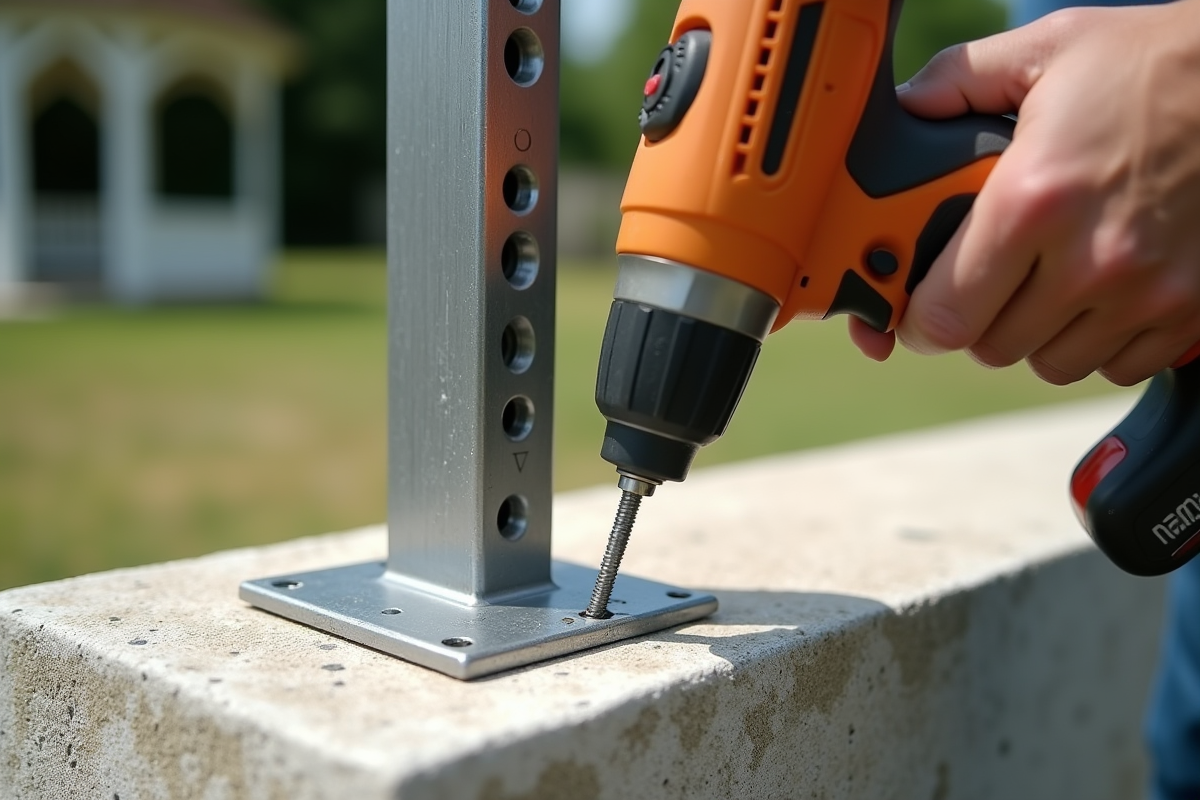 Main utilisant une perceuse pour fixer une bride métallique sur béton