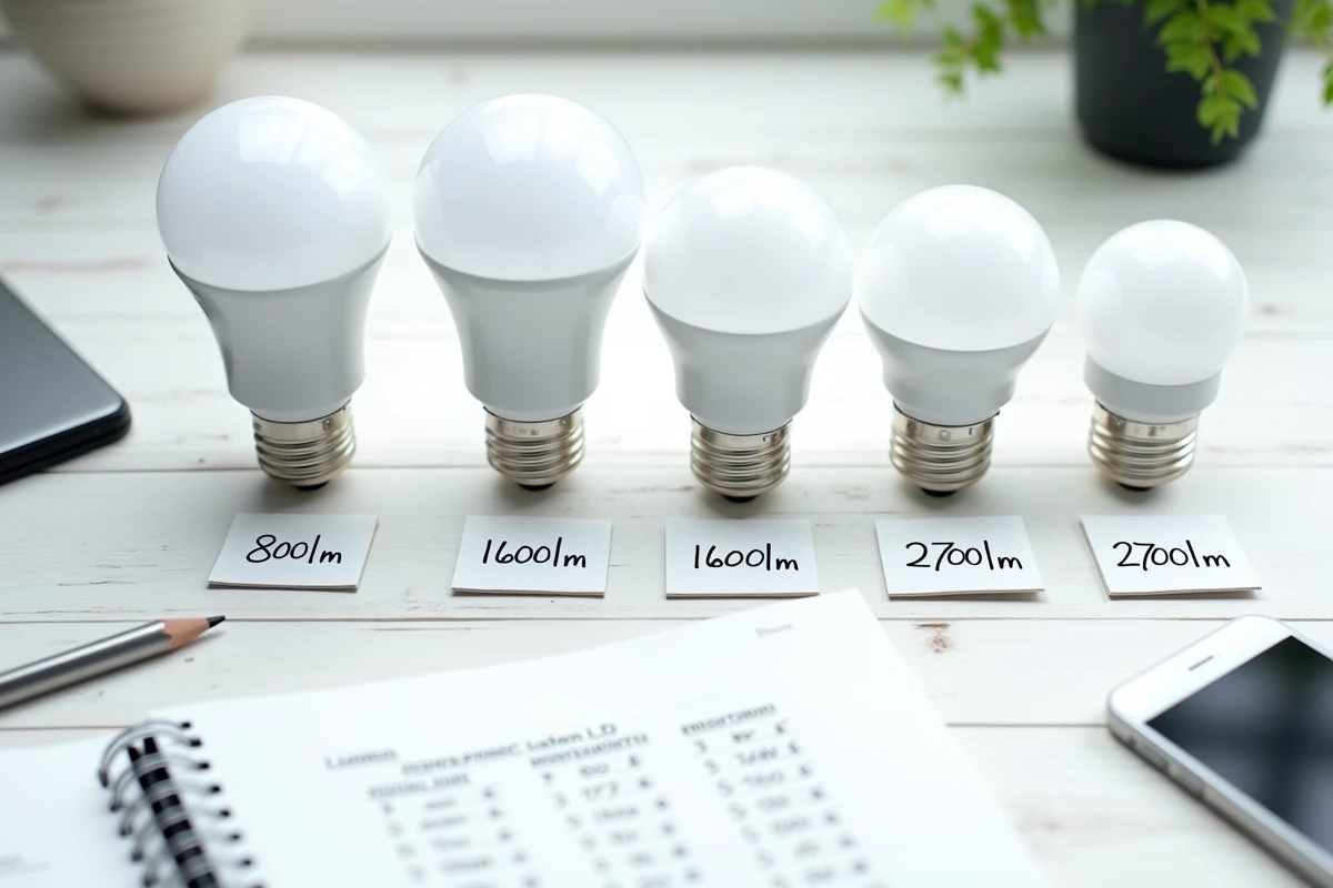 Flat lay de différentes ampoules LED avec étiquettes de lumens et tableau de correspondance watts