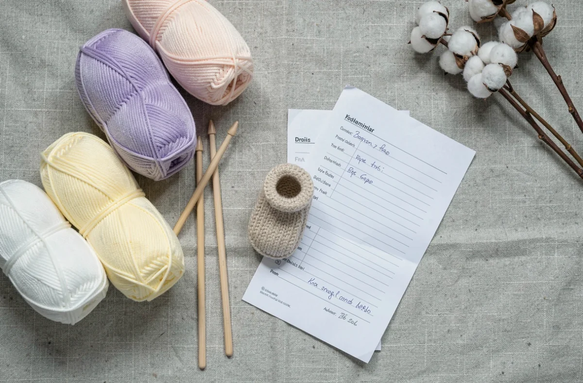 Flat lay de pelotes de laine bebecolor pastel, aiguilles à tricoter et chausson bébé en cours de réalisation sur un fond en lin