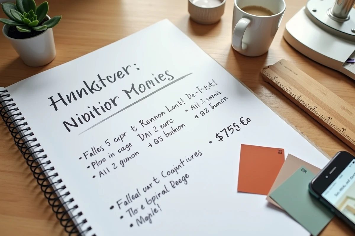 Flat lay d'un bureau avec carnet de tendances déco, swatches de couleurs et liste de tarifs de décoration intérieure 2026