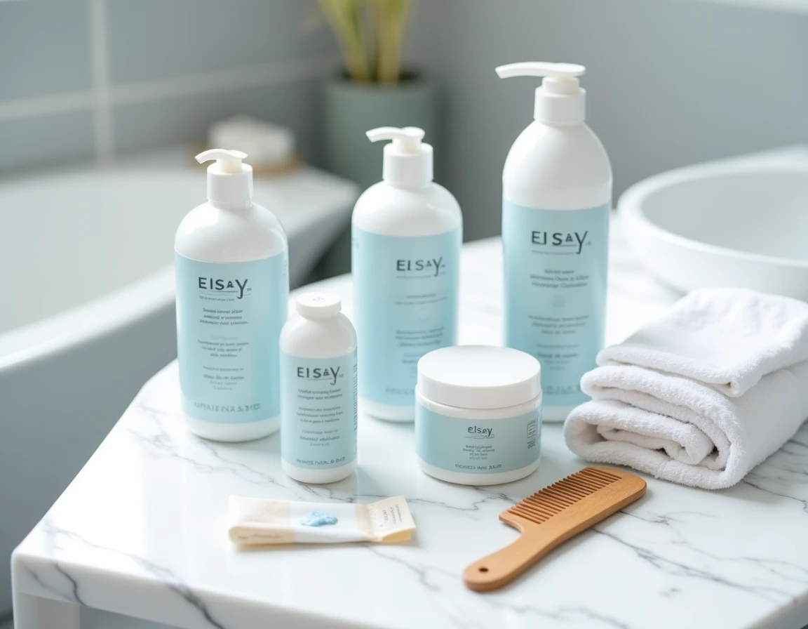 Flat lay de produits capillaires Elsay sur un plan de toilette en marbre blanc avec serviette et peigne
