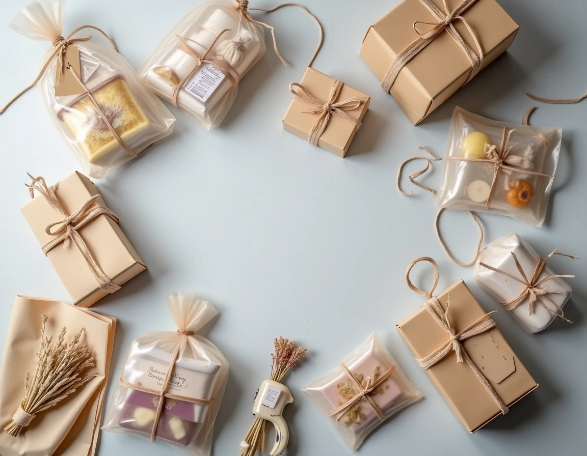 Vue de dessus de sacs cadeaux transparents remplis de produits divers sur fond béton gris, style flat lay pour e-commerce et petites entreprises