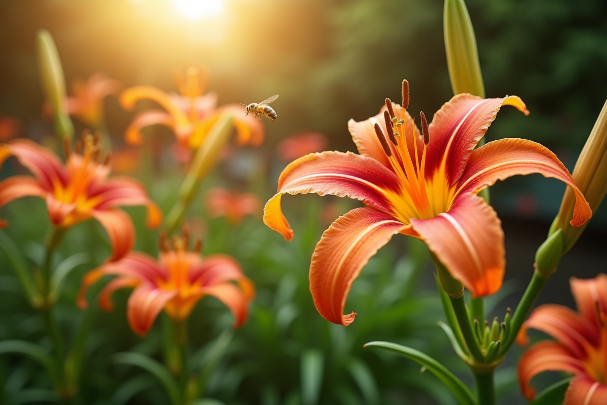 Fleurs de lys en floraison dans un jardin ensoleille