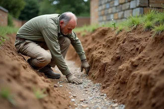 Maçon inspectant les fondations et la couche de gravier drainant d'un mur en moellon dans une tranchée excavée en milieu rural