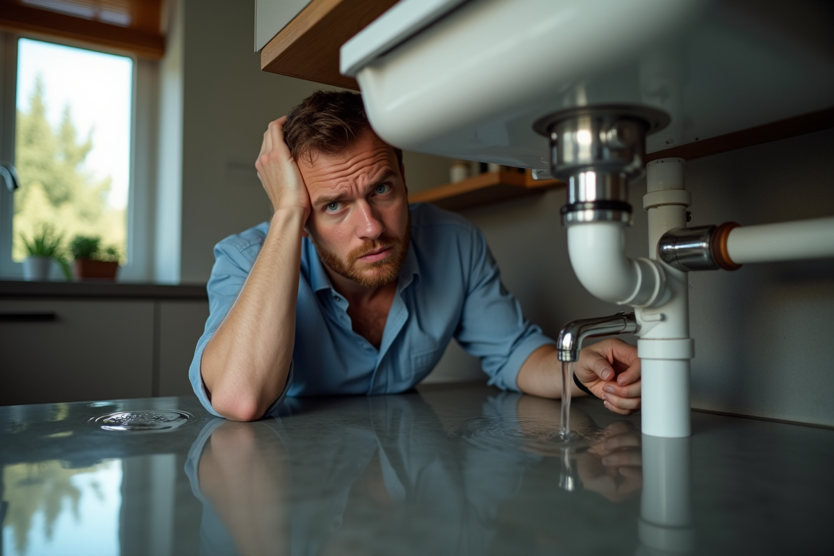 Homme inquiet dans la cuisine cherchant une fuite d'eau
