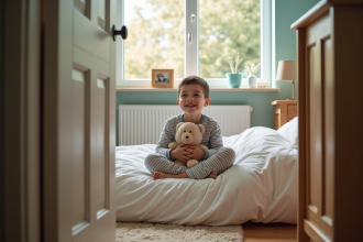 Jeune garçon en pyjama rayé assis sur son lit avec peluche