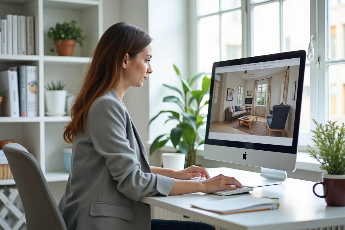 Femme gérant ses travaux de rénovation en ligne via une plateforme d'artisans depuis son bureau à domicile