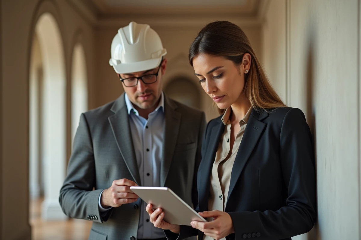 Chef de projet discute peinture avec un coll&egrave;gue dans un int&eacute;rieur &eacute;l&eacute;gant