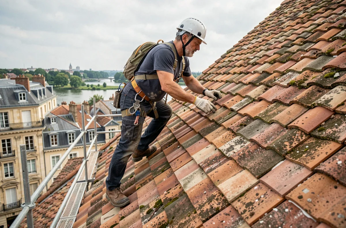 Couvreur-maçon de Gs Rénovation fixant des tuiles en terre cuite sur un toit en pente avec la ville de Melun visible en arrière-plan