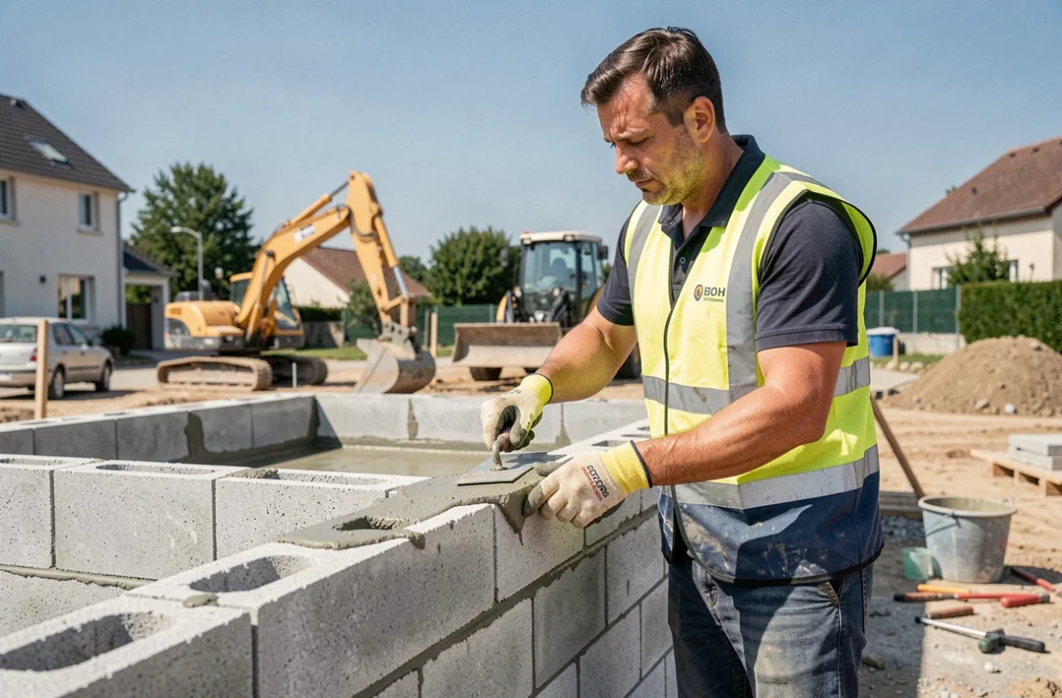 Maçon de GTI PRO posant des blocs en béton sur un chantier résidentiel en Seine-et-Marne avec matériel de construction visible