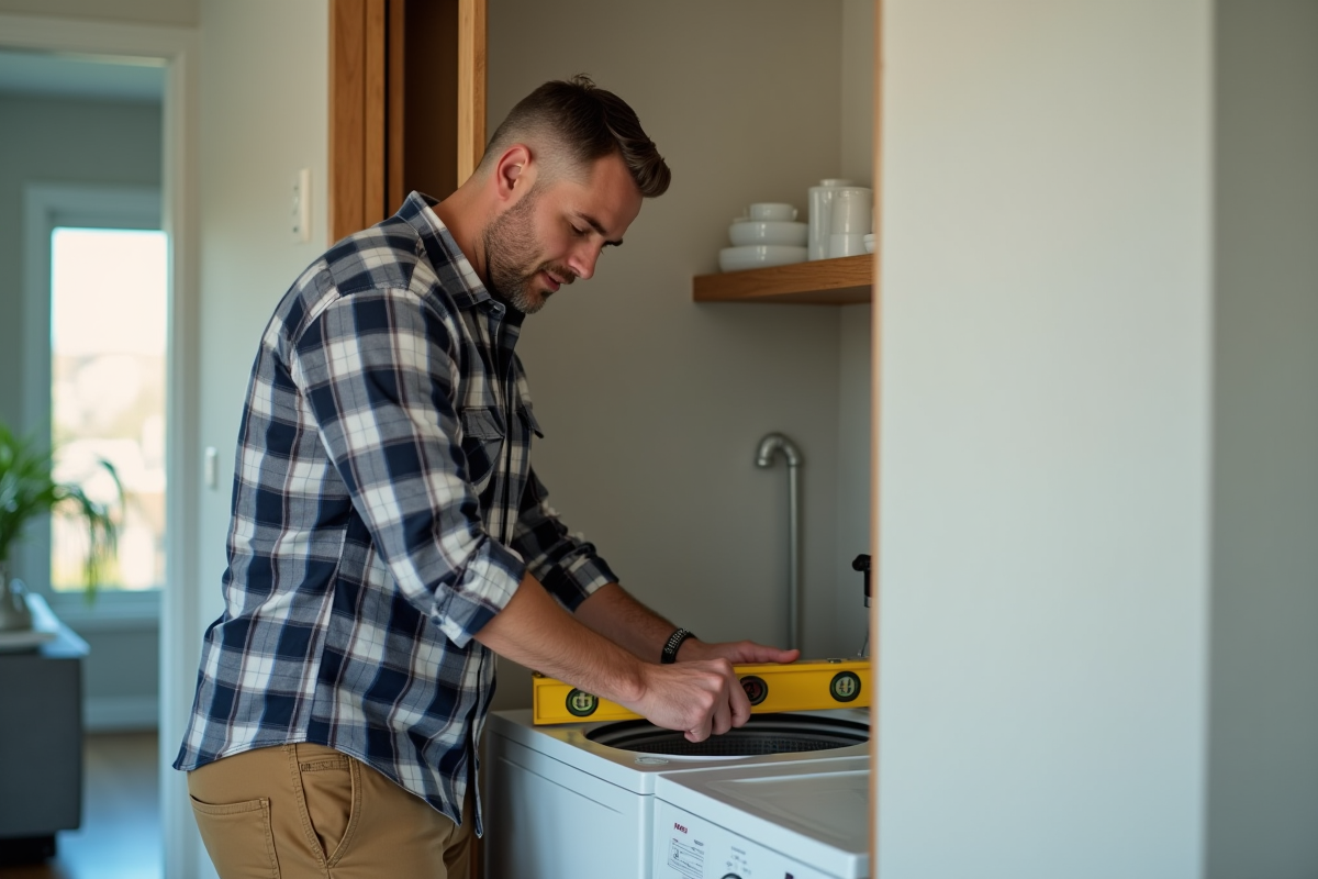 Homme utilisant un niveau pour aligner un lave-linge dans un appartement