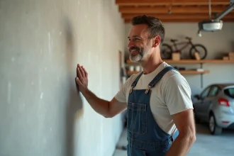 Homme en overalls inspectant un mur de garage lisse