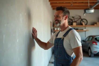 Homme en overalls inspectant un mur de garage lisse
