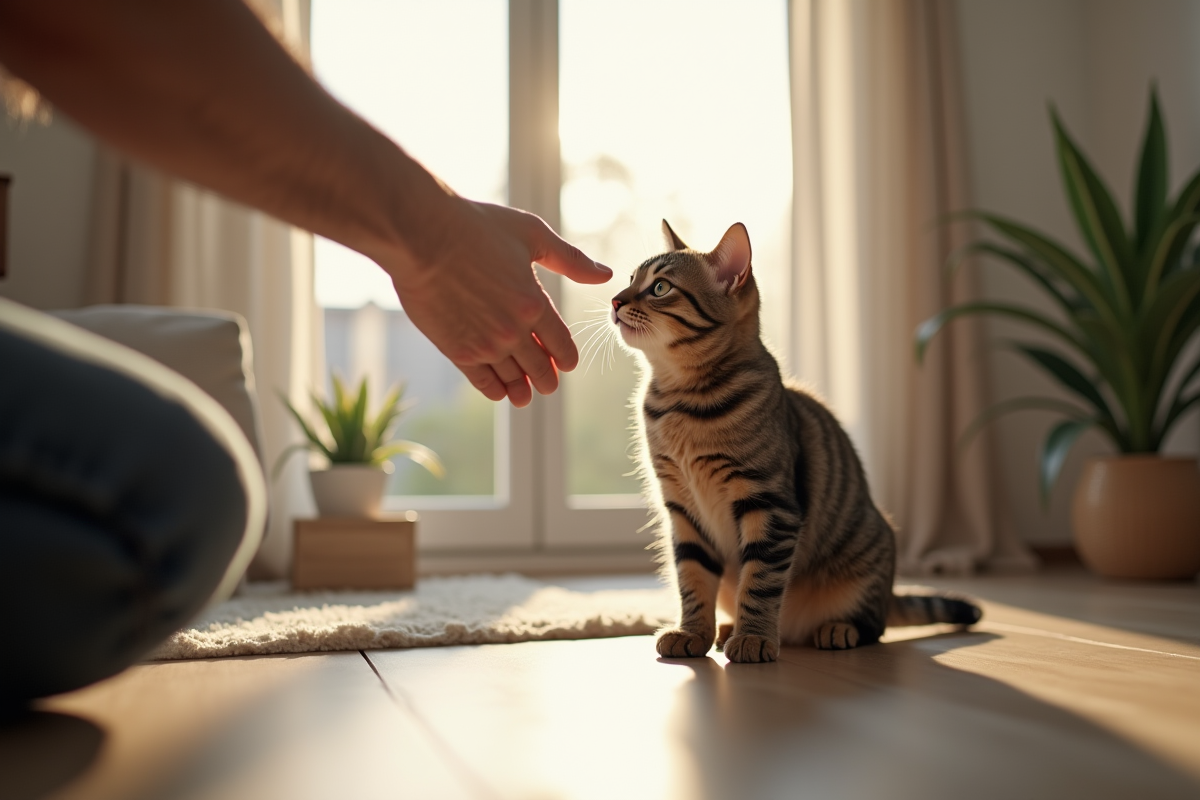 Homme tendant la main à un chat curieux dans une nouvelle maison