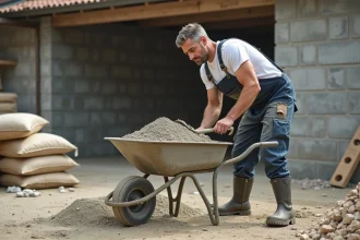 Ouvrier en overalls mélangeant du béton à la pelle